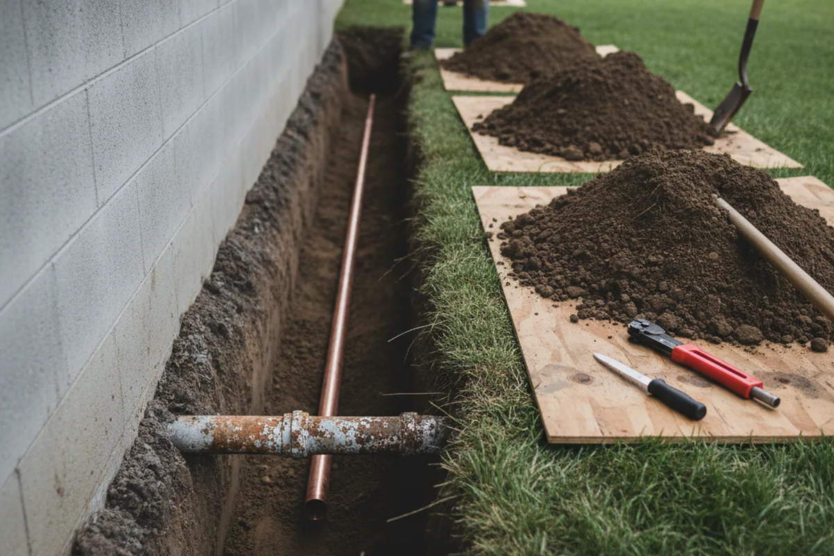 Excavated water line trench during Sewer Line Repair in Ethel